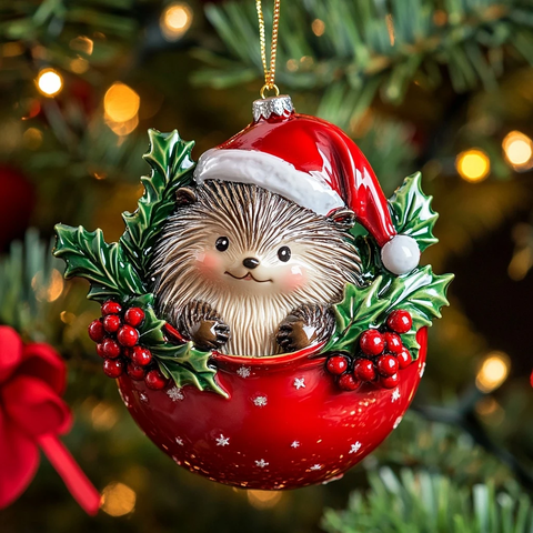 圣诞帽刺猬玻璃球