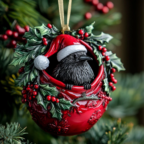 圣诞帽乌鸦红袋松枝装饰球