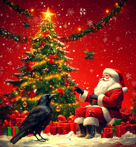 圣诞树前圣诞老人与乌鸦