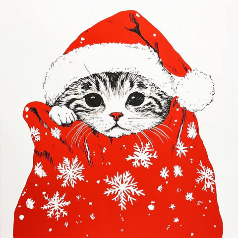 圣诞猫红袋雪白帽