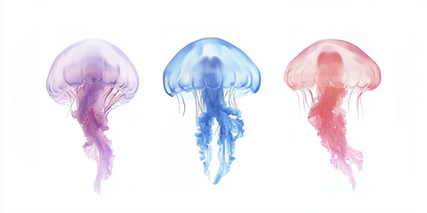 三色水母白底水彩画