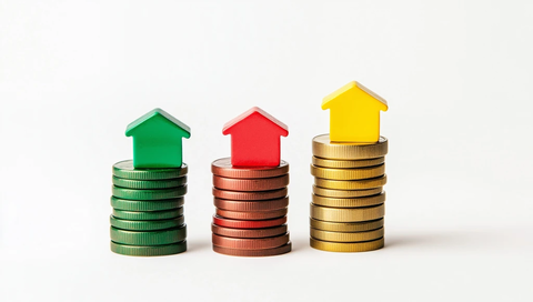 硬币与彩色房屋堆叠图