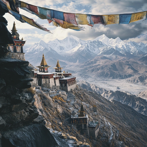 山巅经幡与寺庙