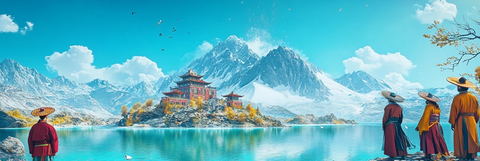 湖畔观山的古人