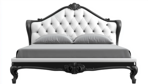 白色皮革床配灰色缎面