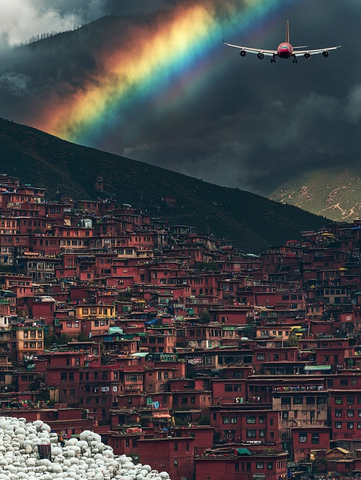 彩虹下的红房子与飞机