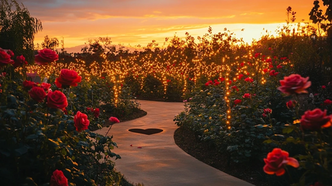 日落花园红玫瑰心形小径