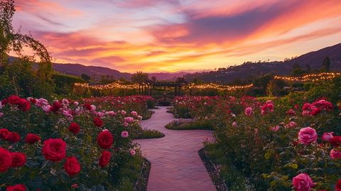 日落花园红玫瑰心形小径