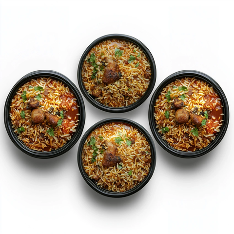 三盘鸡肉或羊肉印度香饭