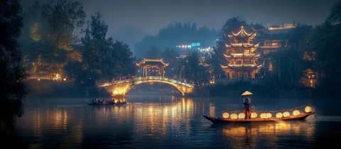 古桥边小船摇曳的中式古建筑夜景