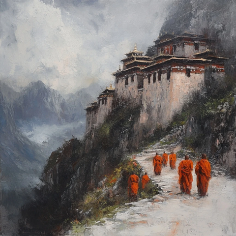 山间寺庙僧漫步