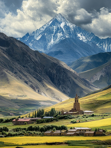 雪山下的村庄景