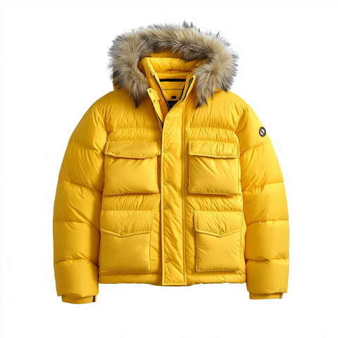 黄色羽绒服带毛帽