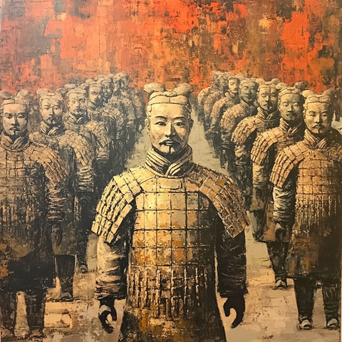 血色背景下的兵马俑军团