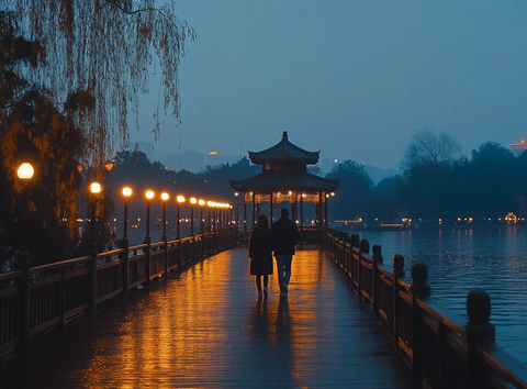 水边古亭旁情侣漫步的夜景