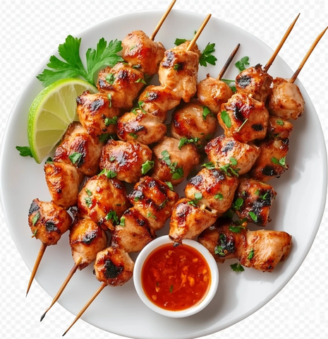 亚洲风味鸡肉串配酱料