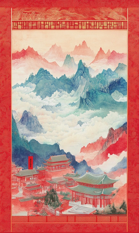 红墙山水楼阁图