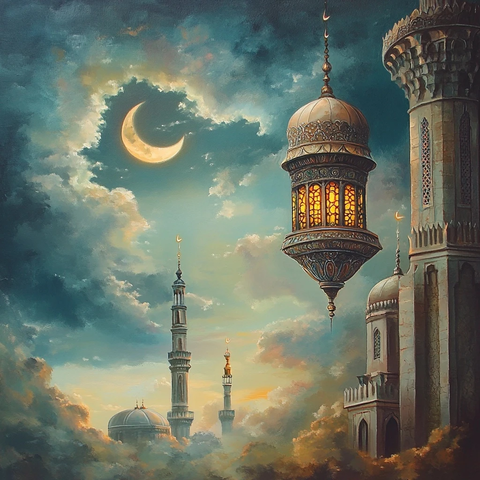 开斋节清真寺灯笼月亮背景