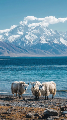湖边牦牛雪山景