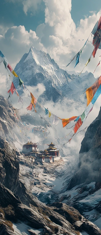 雪山经幡下的寺庙