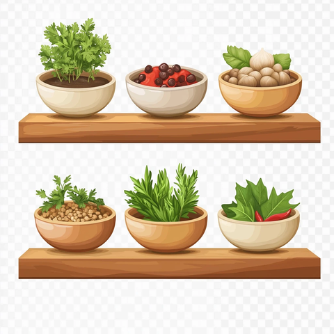 木质架子上的香料和草药