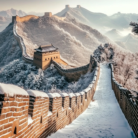 雪覆长城的冬日奇景