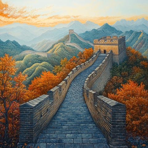 油画质感的长城秋景