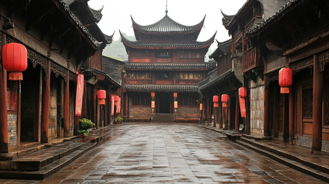 古街韵味中式传统建筑与红灯笼