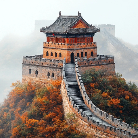 秋景中的长城楼阁