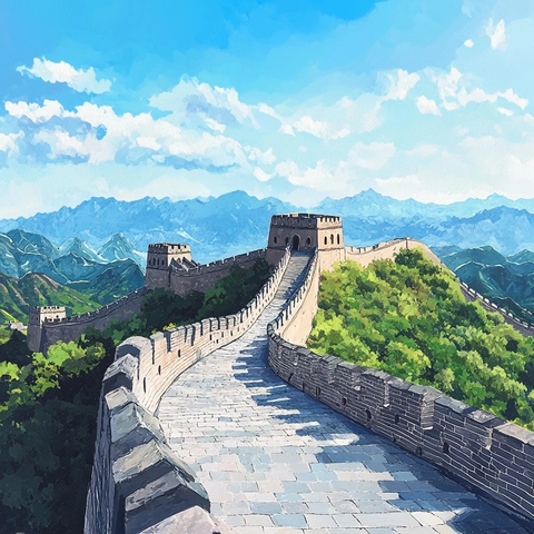 蓝天绿树长城景