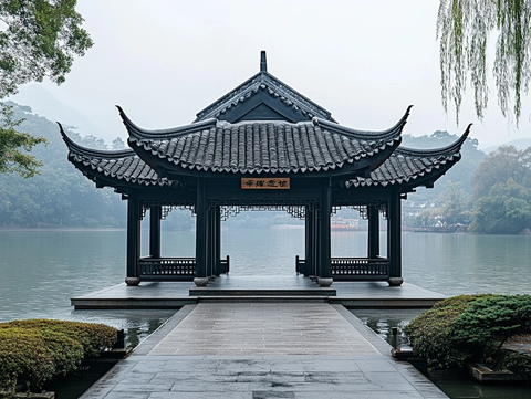 水上中式凉亭的独特景致