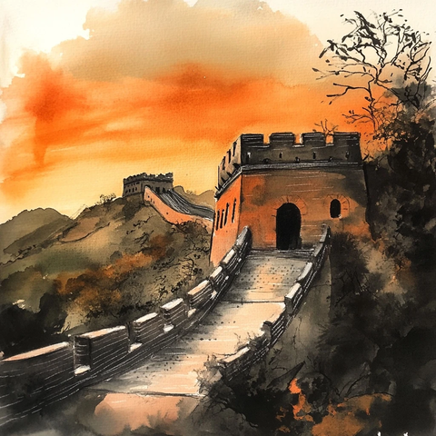 水墨夕阳长城