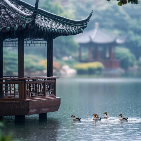 中式亭台旁水面上鸭子戏水的雨中景象