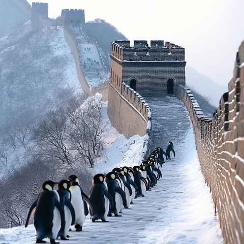 雪长城上的企鹅队伍