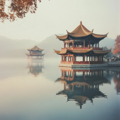 湖面上古色古香的中式亭子