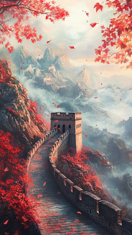 秋日红叶长城图