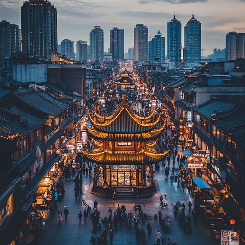 灯火璀璨的古街夜景
