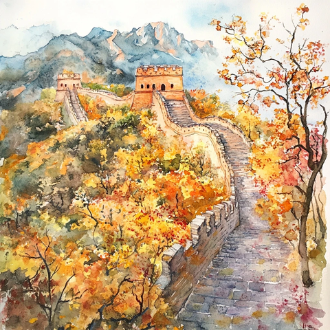 水彩绘秋景长城
