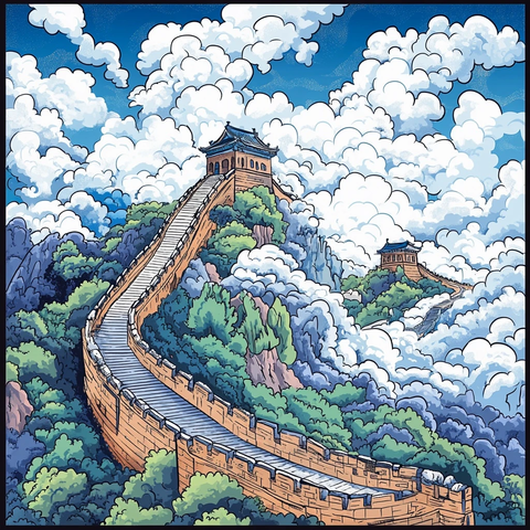 漫画风长城云海