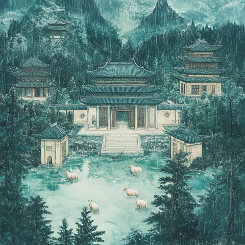 雨中古建与羊群