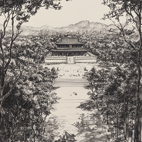 黑白线条中的古建