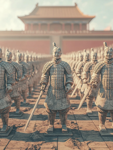 兵马俑与宫殿背景