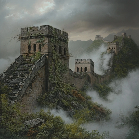 雾霭萦绕长城图