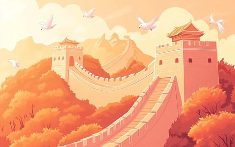 秋阳白鸽长城画