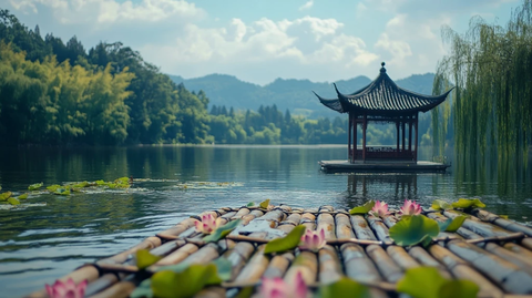 湖中有亭的自然风光全景