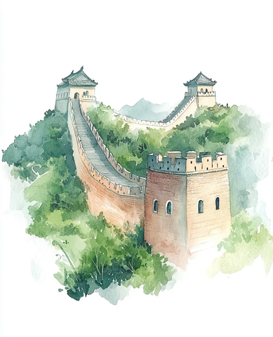 水墨绿林长城图