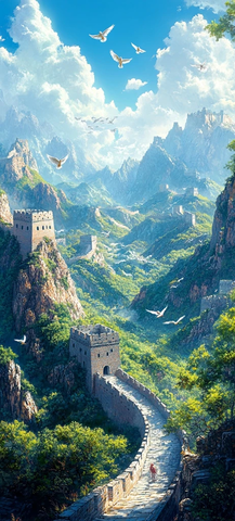蓝天飞鸟下的长城