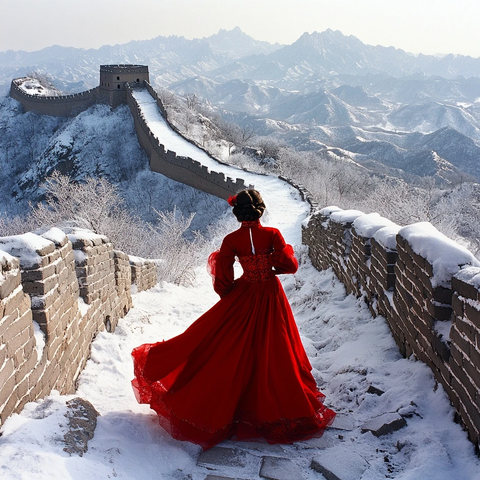 雪中红裙漫步长城