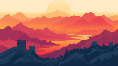 夕阳下的长城剪影