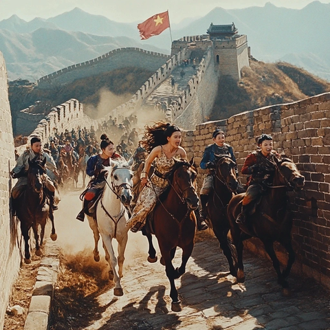 蒙古人骑马追逐哭泣女孩